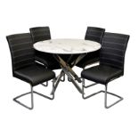 A modern circular marble effect dining table and four faux leather chairs, all raised on chrome