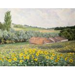 Sandra Arnold (British, 20th century), French landscape with sunflowers oil on canvas board,