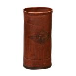 A vintage cotton bin stick stand, early 20th century, the oval stand in dark tan leather with