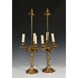 A pair of Louis XV style gilt bronze three light candelabra lamps, second half 20th century, with