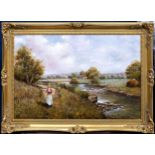 Continental, late 20th century, Woman Picking Flowers by the River oil on canvas, signed