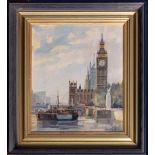 David Griffin (British, 1952-2002), Westminster from the Thames Oil on canvas board, signed lower