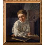 German School (early 19th century), Portrait of a Young Boy at his Studies oil on a chamfered oak