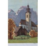 Engelbert Lap (Austrian, 1886-1970), An Alpine village church, coloured woodcut, signed in pencil