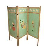 An early 20th century French painted three fold nursery screen, the panelled screen painted with