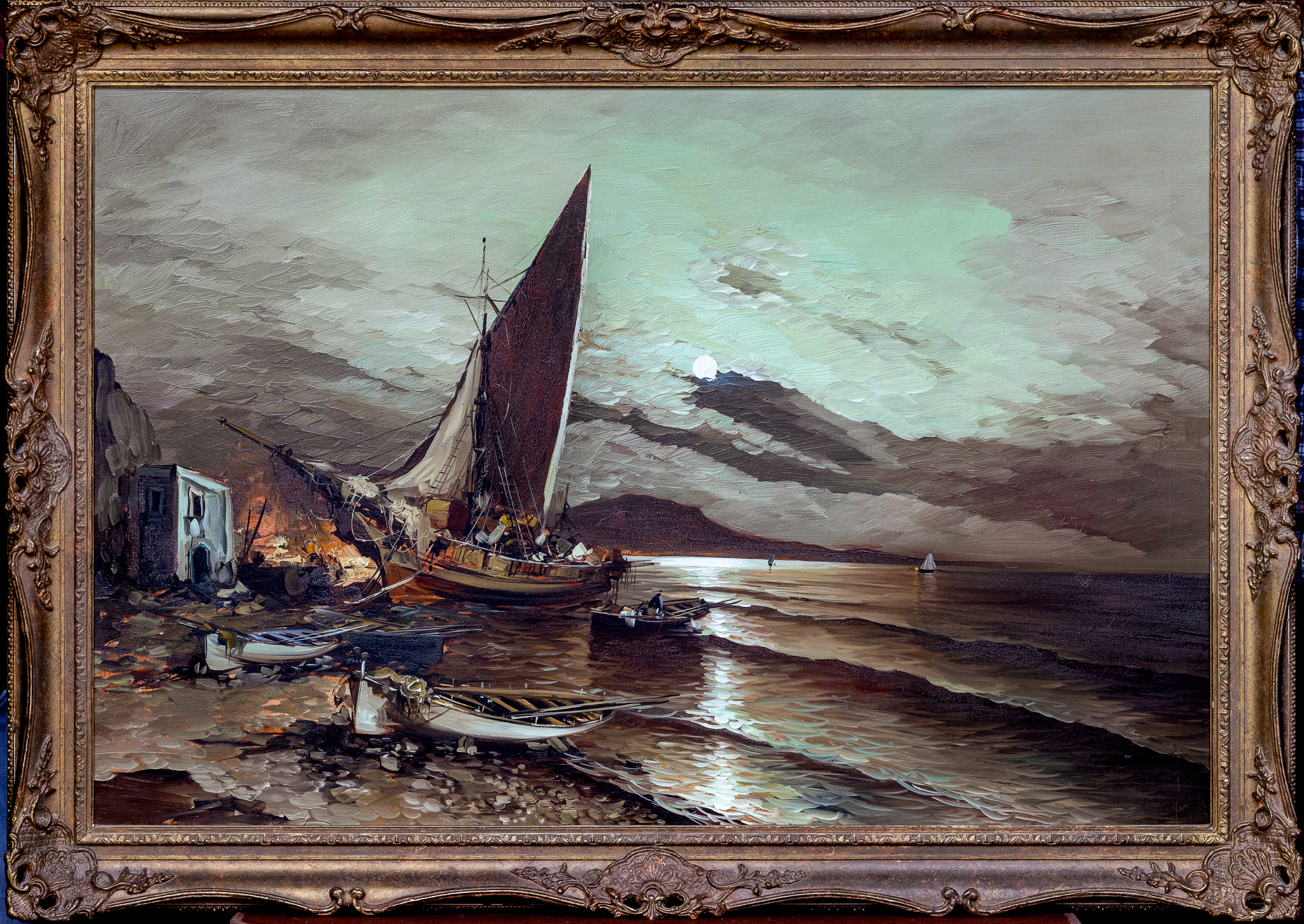 English School, late 20th century, Sailing Boat on the Coast by Moonlight oil on canvas, unsigned,
