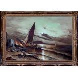 English School, late 20th century, Sailing Boat on the Coast by Moonlight oil on canvas, unsigned,