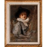 English School (early 19th century), Young Woman in "Van Dyck" dress holding a Book oil on panel,