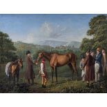 Circle of Jacques-Laurent Agasse (Swiss, 1767-1849), A bay racehorse held by a trainer in an