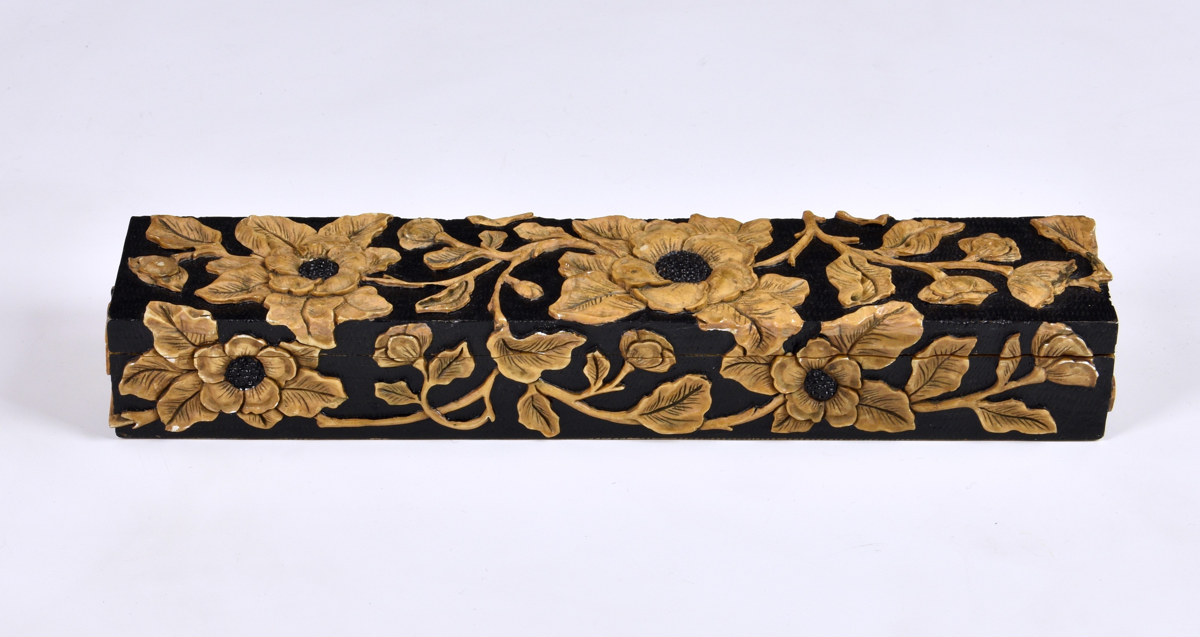 A Chinese soapstone brush or glove box, rectangular form, cameo cut with raised floral decoration on