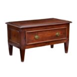 A late Victorian stained pine and beechwood linen chest, the chamfered top over a single full