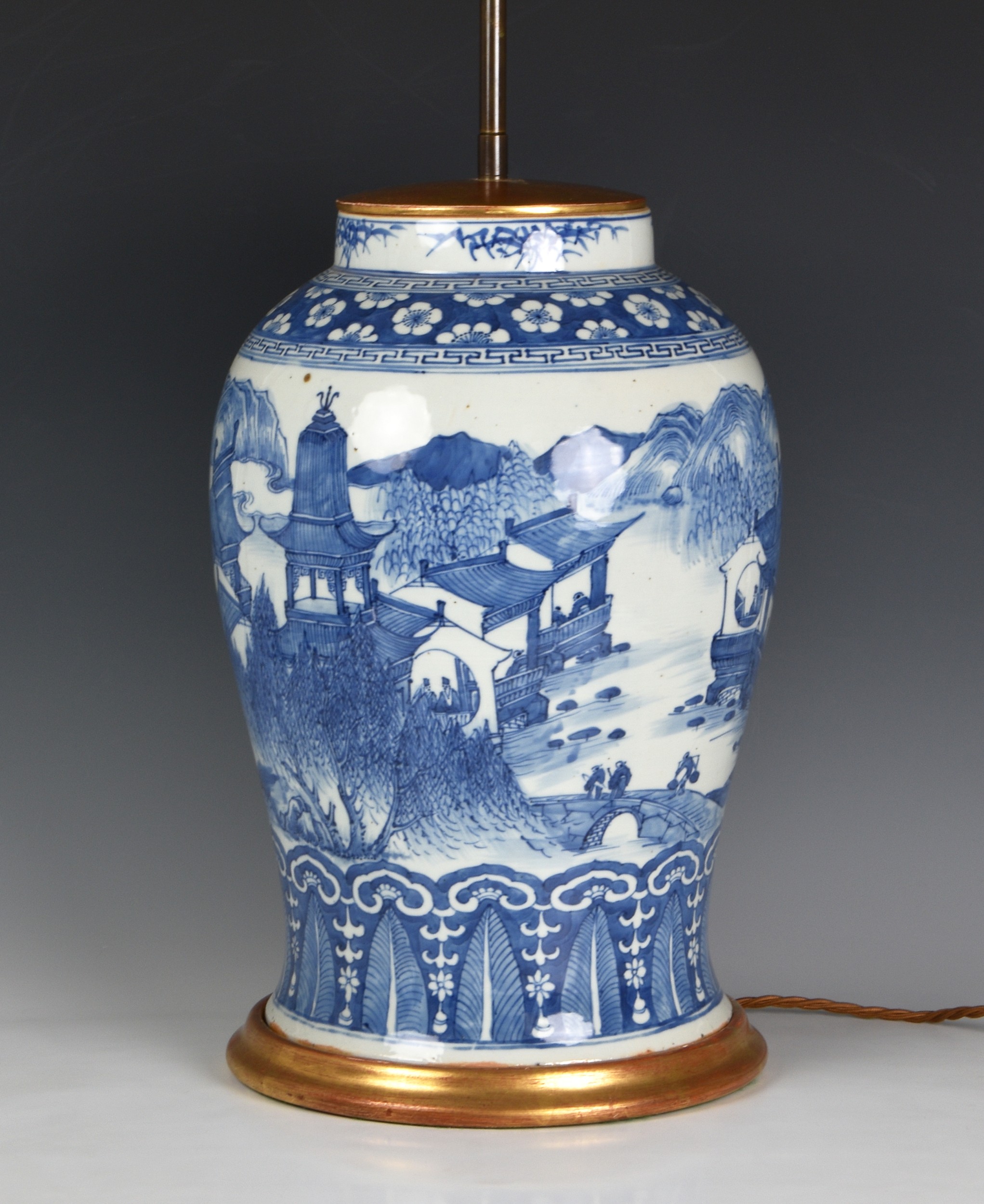A large Chinese blue and white vase lamp, the vase probably 19th century, of stout baluster form,