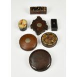 A collection of 19th century snuff / trinket boxes, to include a circular tunbridge ware box with