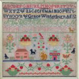 A Victorian sampler, inscribed 'Grace Winterton Ag 12', undated, the alphabet above pictorials