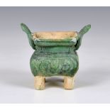 A Chinese green glazed terracotta fang ding censer, Han style, the buff terracotta with green
