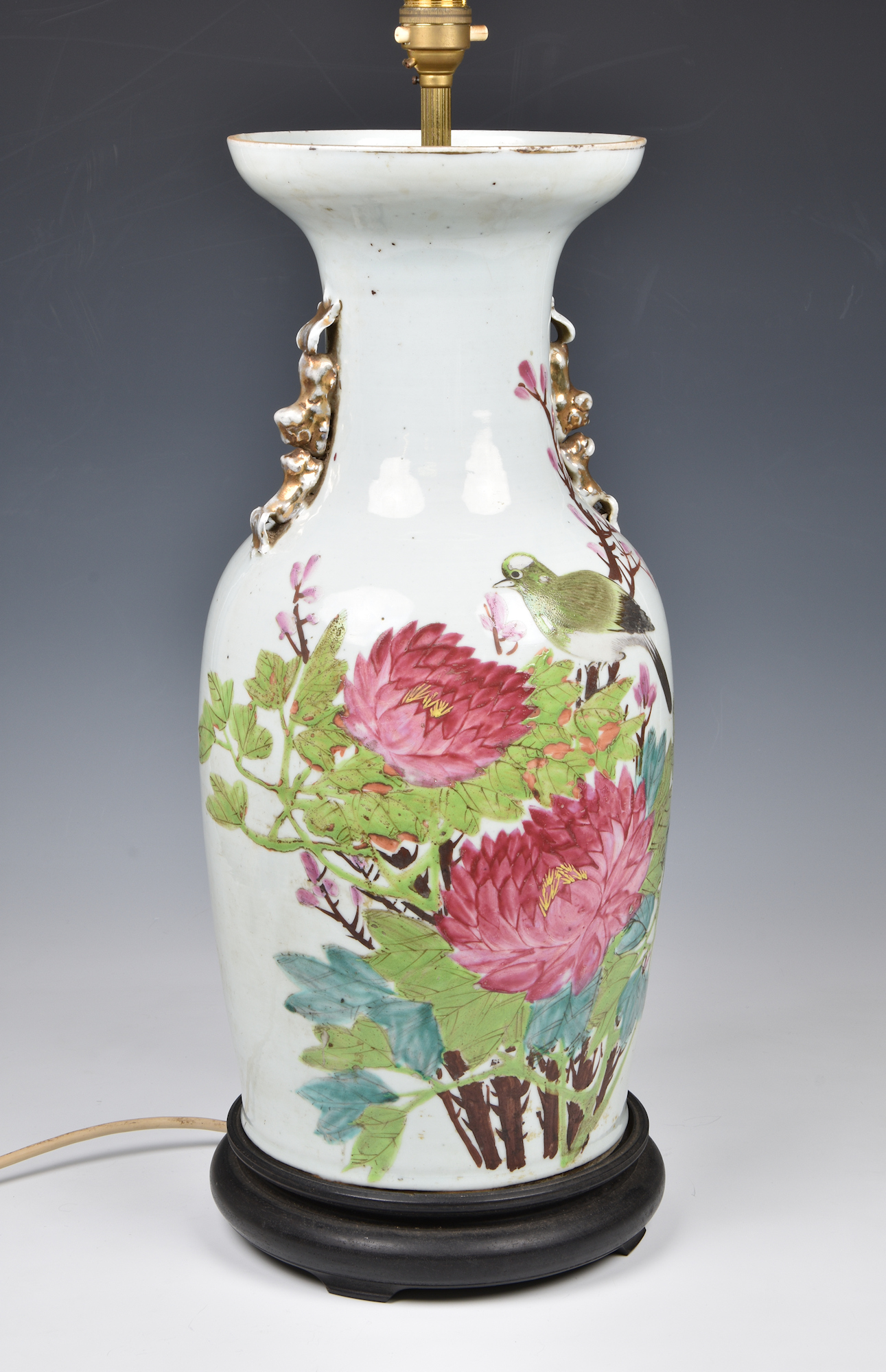 An early 20th century Chinese famille rose baluster vase lamp, polychrome painted with bird - Image 7 of 8