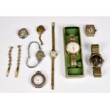 A small group of vintage wrist and fob watches, including a 9ct gold cased gents watch by Shield;