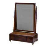 A George III mahogany box base toilet mirror, alterations, the rectangular plate on tapered uprights