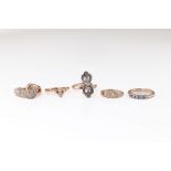 A collection of 14ct gold and CZ rings, each ring stamped with Russian hallmark '583'. (5).