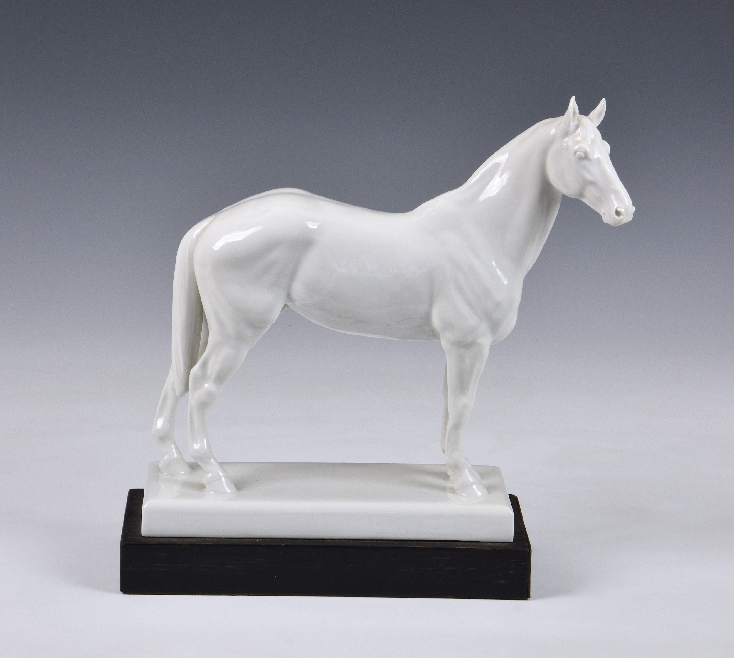 A Meissen white glazed figure of a horse 'BIRKHAHN', modelled by Eric Oehme, 1950, crossed out