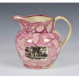 A large Sunderland Pink Lustre Jug, painted and transfer printed with 'A west view of the iron