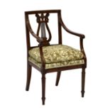 A French Empire style mahogany lyre back elbow chair, late 20th century, the square back with