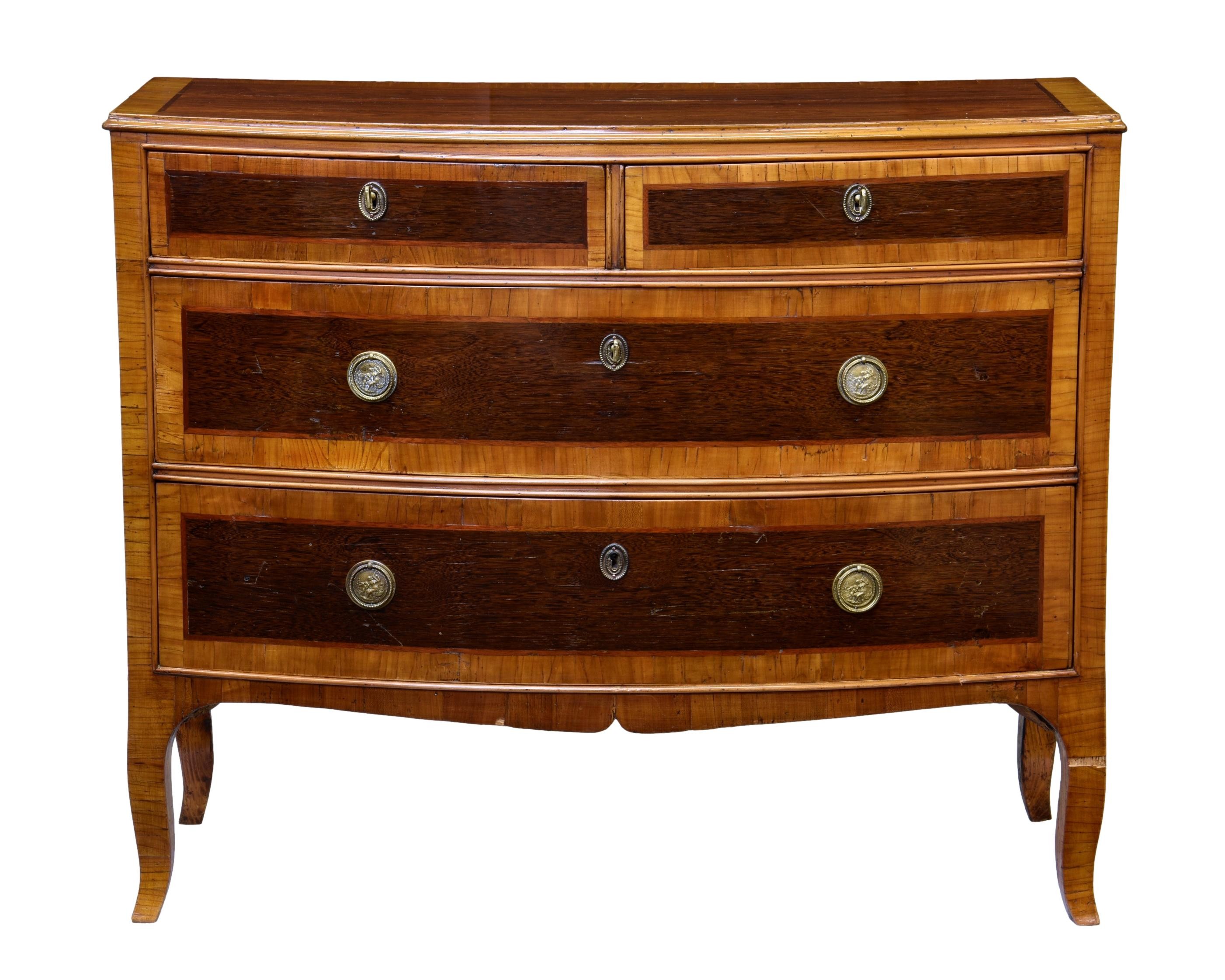 A good 18th century Italian fruitwood, cherry and partridge wood bowfront commode, the cross