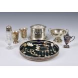 A collection of silver plate, comprising of an oval tea caddy / biscuit box by Atkin Brothers;