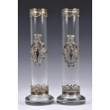 A pair of Portuguese Topazio Casquinha silver plate mounted cylindrical clear glass vases, in a