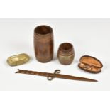 A small collection of vintage / antique curiosites, comprising a miniature barrel from teak of HMS