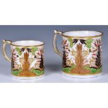 A graduated pair of early 19th century Minton porcelain mugs, pattern no. 299, blue painted Sevres