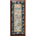 A near pair of Chinese embroidered silk sleeve panels, 18th / 19th century, each with a pair of bats