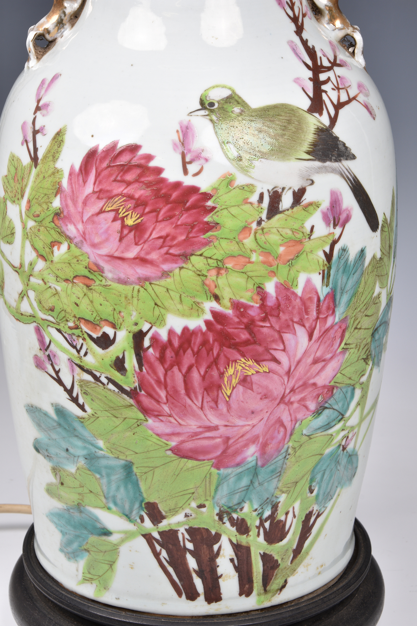 An early 20th century Chinese famille rose baluster vase lamp, polychrome painted with bird - Image 5 of 8