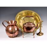 A small collection of brass and copper ware, comprising a Jersey copper milk can by coppersmith J.P.