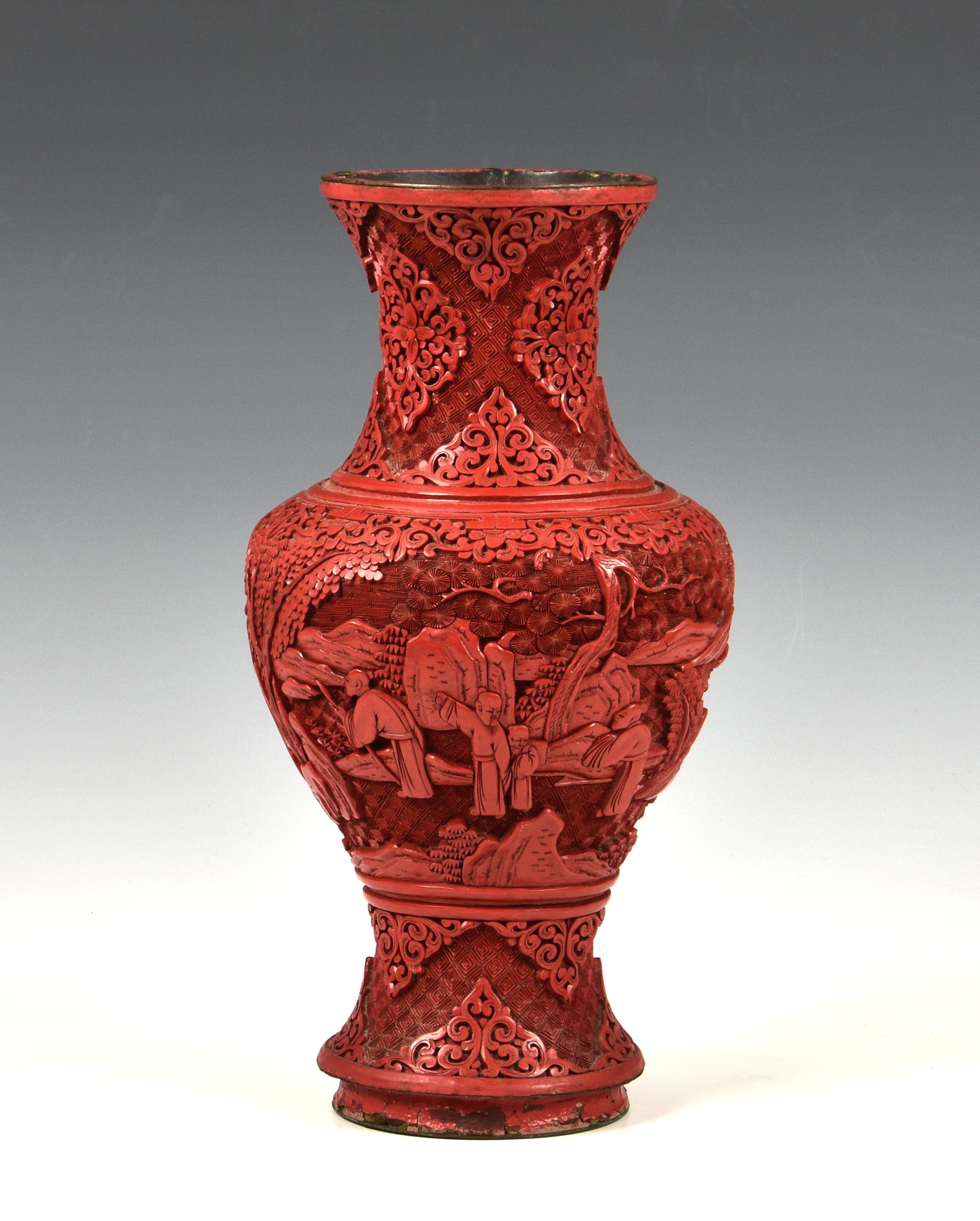 A Chinese carved cinnabar lacquer vase, probably late 19th / early 20th century, baluster form, - Image 5 of 5