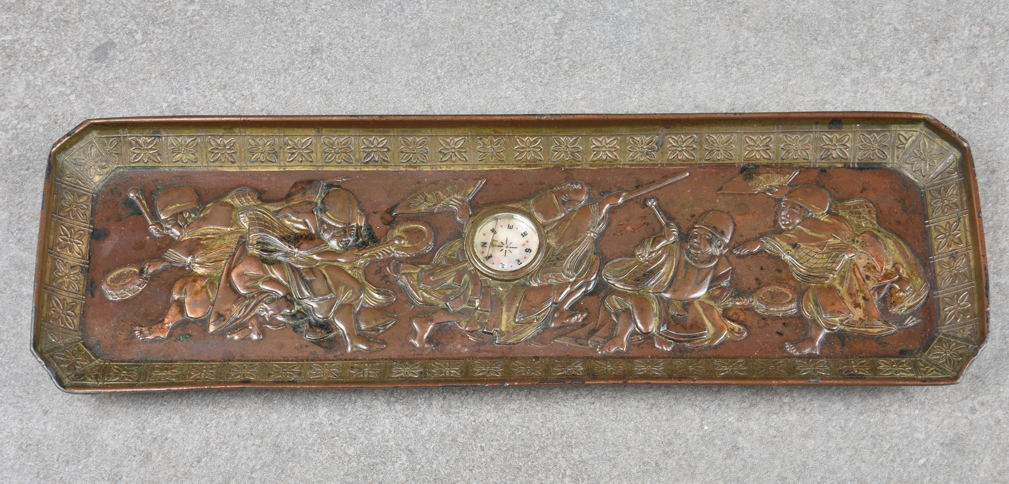 A Japanese metalwork Feng Shui tray with raised figures of minstrels, of rectangular form, centrally - Image 10 of 10