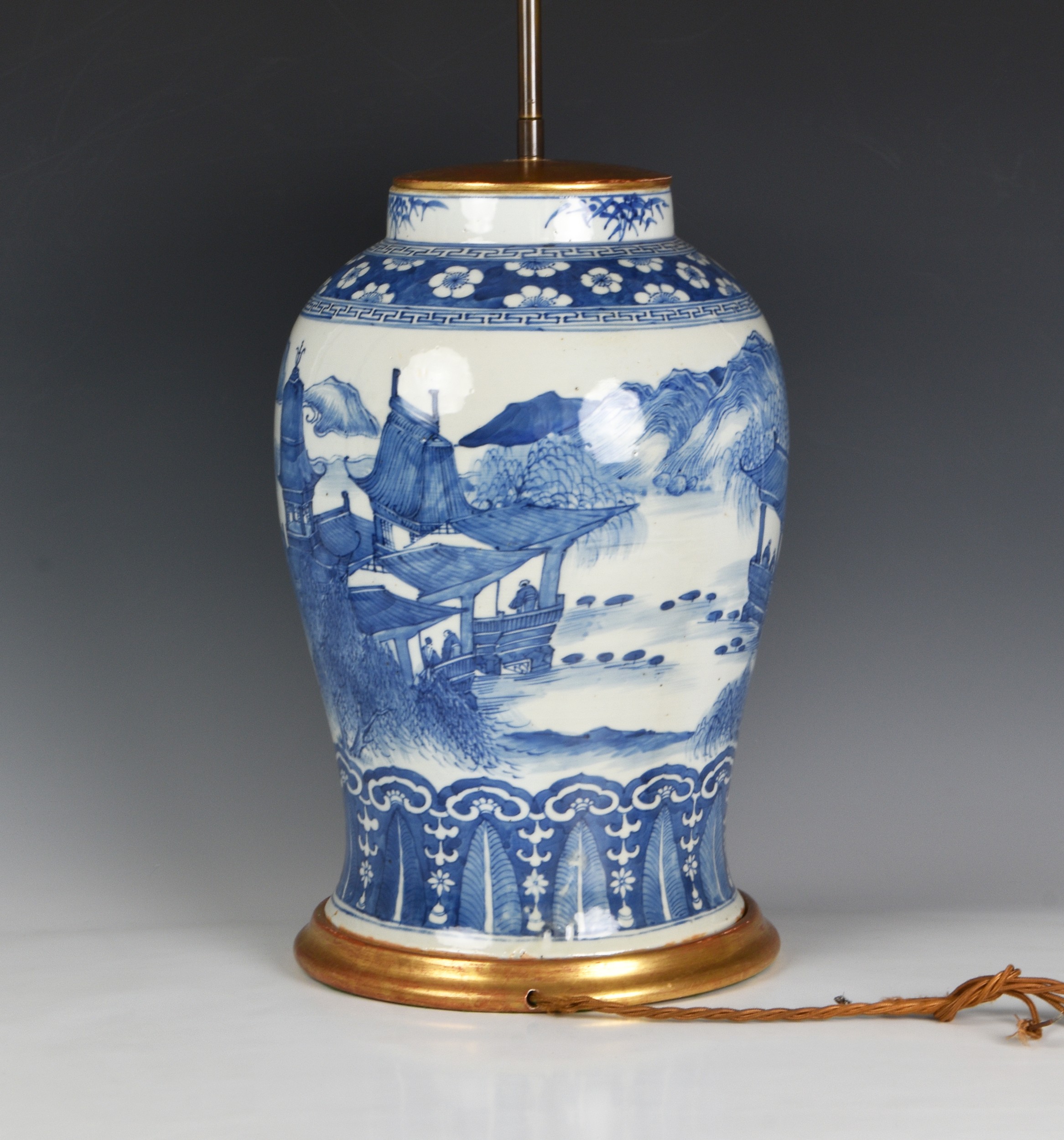 A large Chinese blue and white vase lamp, the vase probably 19th century, of stout baluster form, - Image 5 of 6