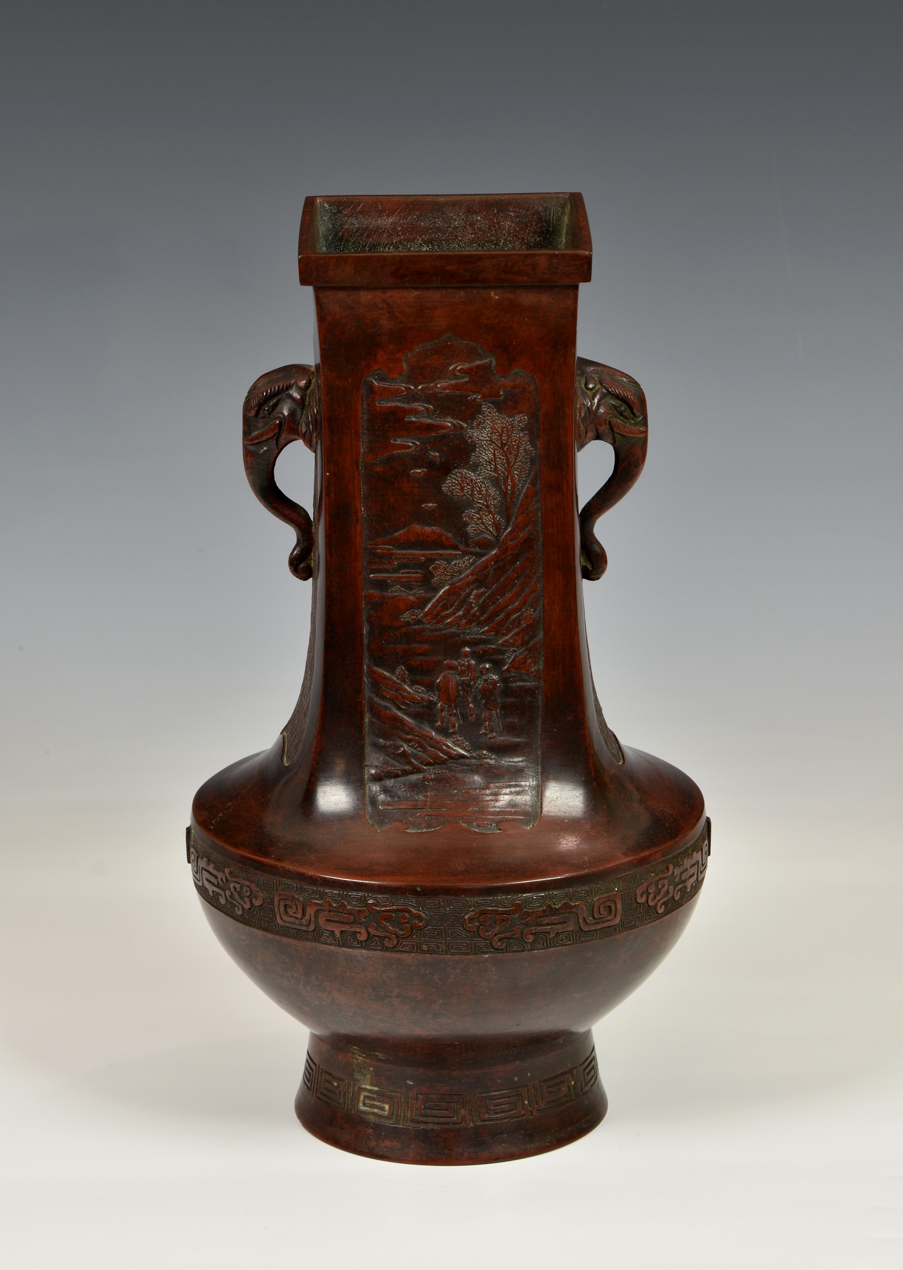 A Chinese patinated bronze two handled hu vase, probably 18th/19th century, with apocryphal Xuande - Image 2 of 6