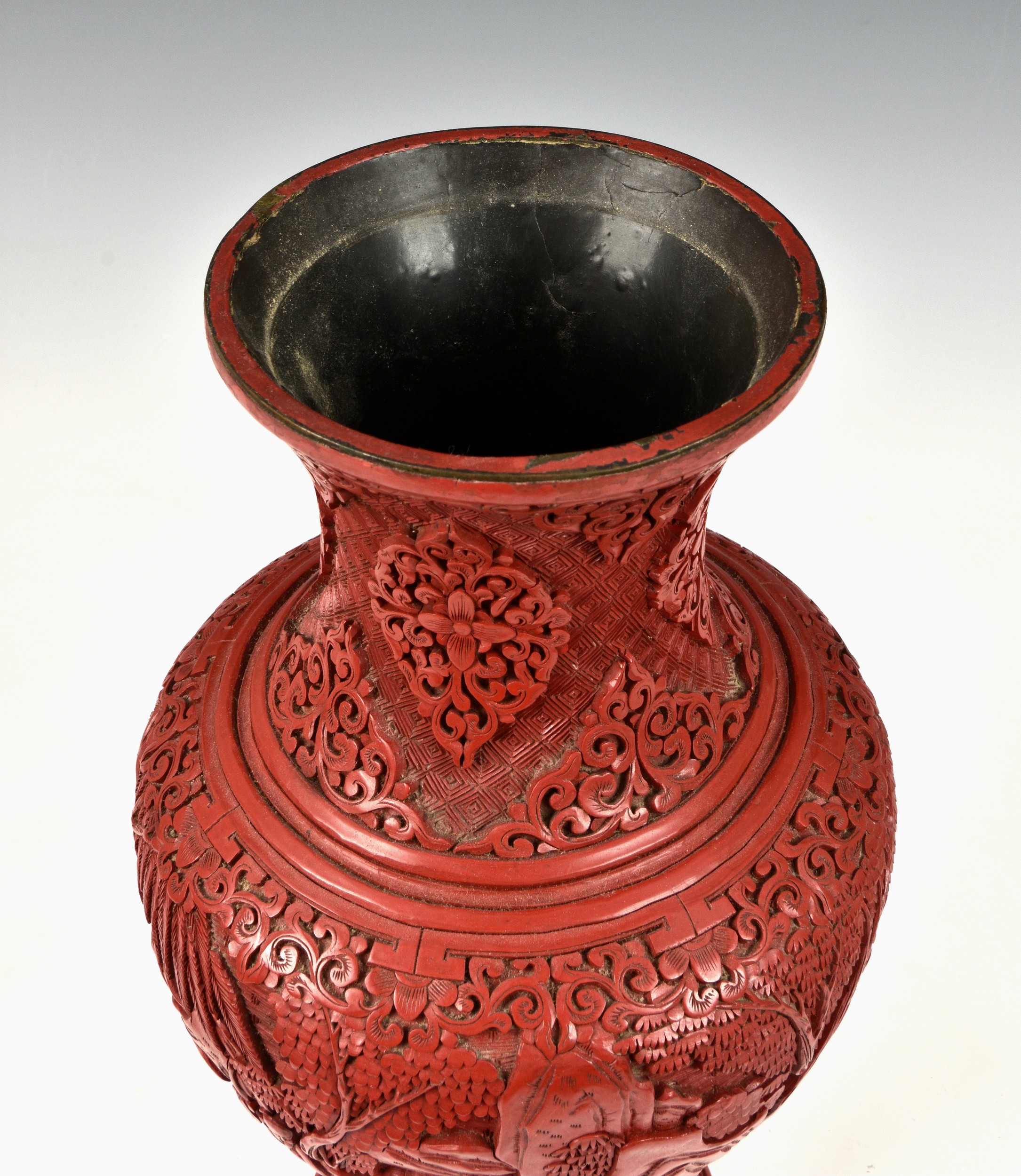 A Chinese carved cinnabar lacquer vase, probably late 19th / early 20th century, baluster form, - Image 3 of 5