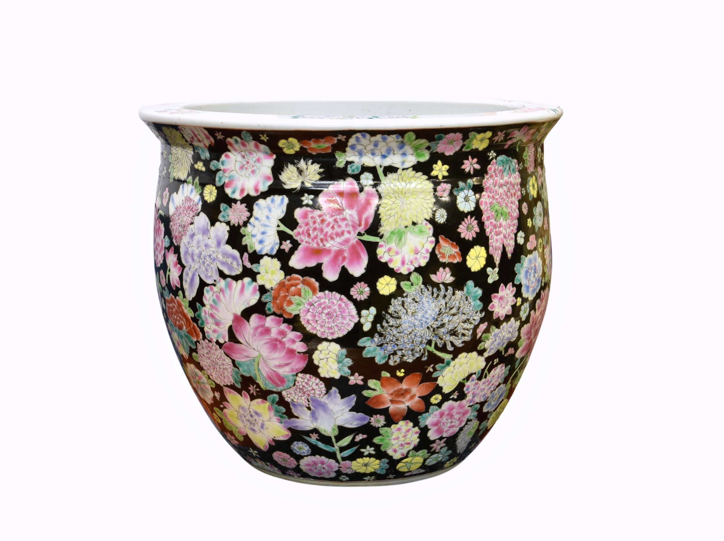 A Chinese porcelain famille rose fish bowl or jardiniere, mid-20th century, enamelled with mille