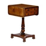 A George IV fruitwood, rosewood and ebonised dropflap work table, the rectangular top with rounded