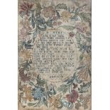 A George III silk work hymn sampler, the embroidered hymn in an oval, sunburst reserve, within a