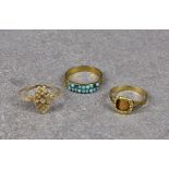 Three antique gold rings, two 15ct gold, one 9ct gold, with stones missing, faults. (3).