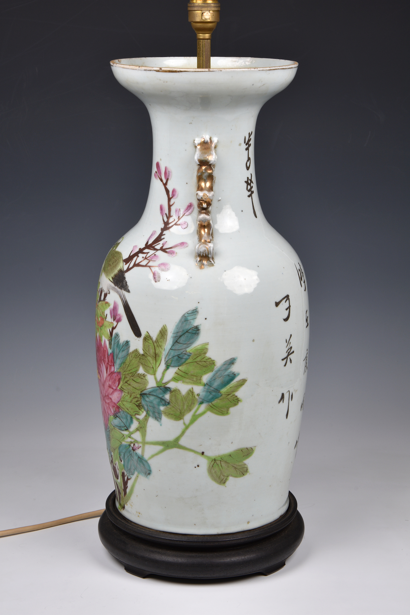 An early 20th century Chinese famille rose baluster vase lamp, polychrome painted with bird - Image 4 of 8