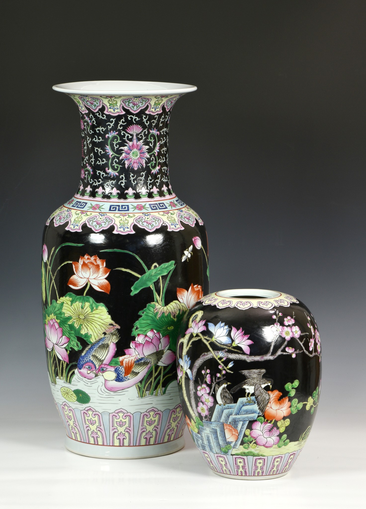 A Chinese porcelain black ground large baluster vase, second half 20th century, painted in famille - Image 2 of 7