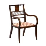 An Edwardian rosewood, mahogany and marquetry elbow chair, 31½in. (80cm.) high, 19¾in. (50cm.) wide.