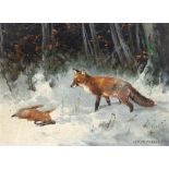 Continental, possibly German, (late 19th century), Fox with a Rabbit. oil on a chamfered panel,