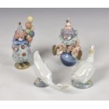 Two Lladro Clown figurines, 5811 and 5813; together with two Nao geese. (4) * All pieces good, no