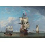 Peter Monamy (British, 1681-1749), A pair of oil on canvas marine paintings. Shipping in a Calm