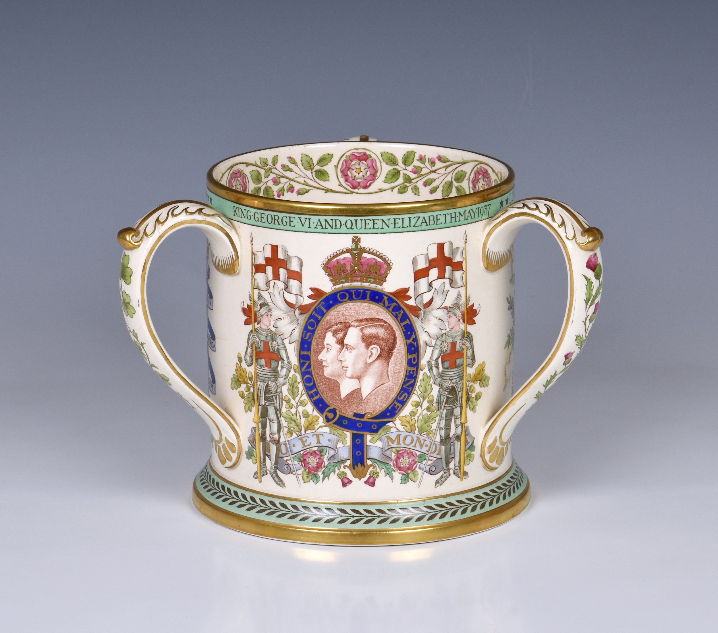 A rare large Spode-Copeland limited edition Royal commemorative tyg for the 1937 Coronation, printed